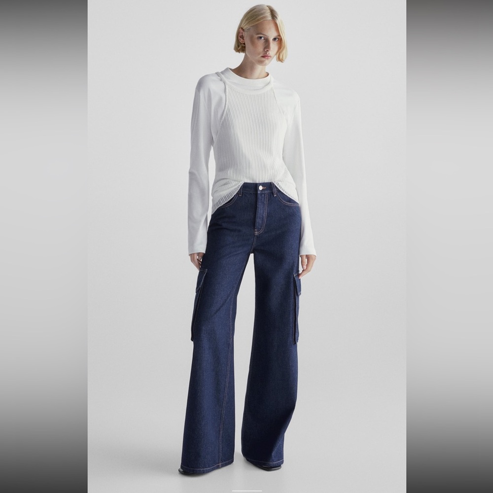 Massimo Dutti High-waist dark blue palazzo cargo jeans